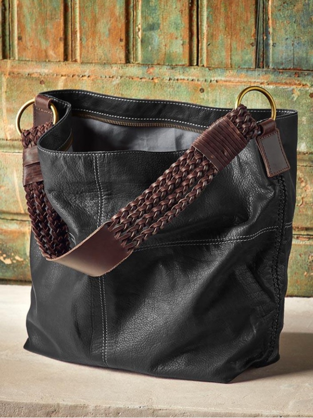 New Carbon 2 Cobalt Black Leather Tote with Braided Brown Strap